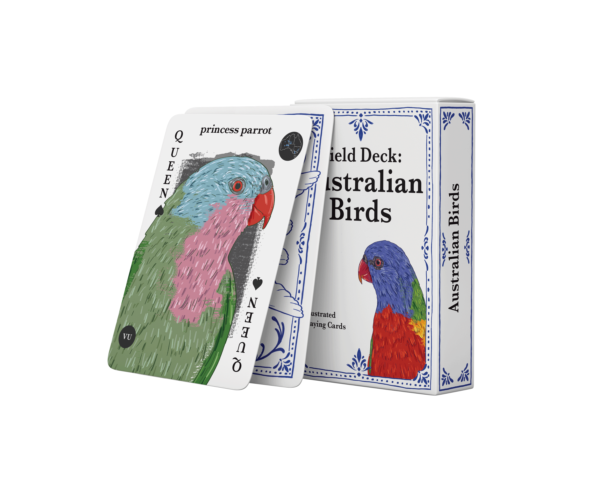 An image of some playing cards and the box for the cards, the cards are of australian native birds with a small circle showing their habitat and circles showing their endangered status. The birds shown are a red-tailed black cockatoo, a galah, a laughing kookaburra and a regent honey eater. The box features a rainbow lorikeet and the text Field Deck: Australian Birds.